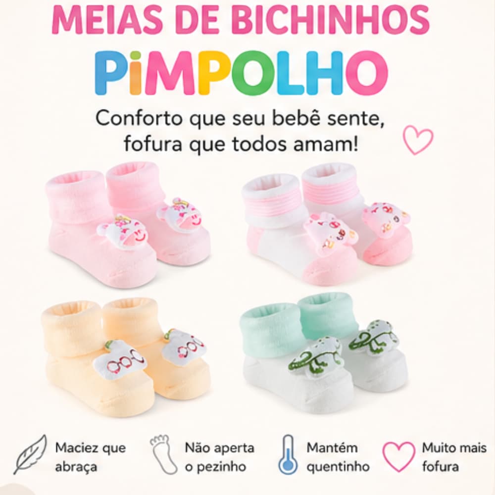 Meia Bebe Com Bichinhos 3D RN 0 a 6 Meses Algodão Macia Menina Menino Unissex Pimpolho