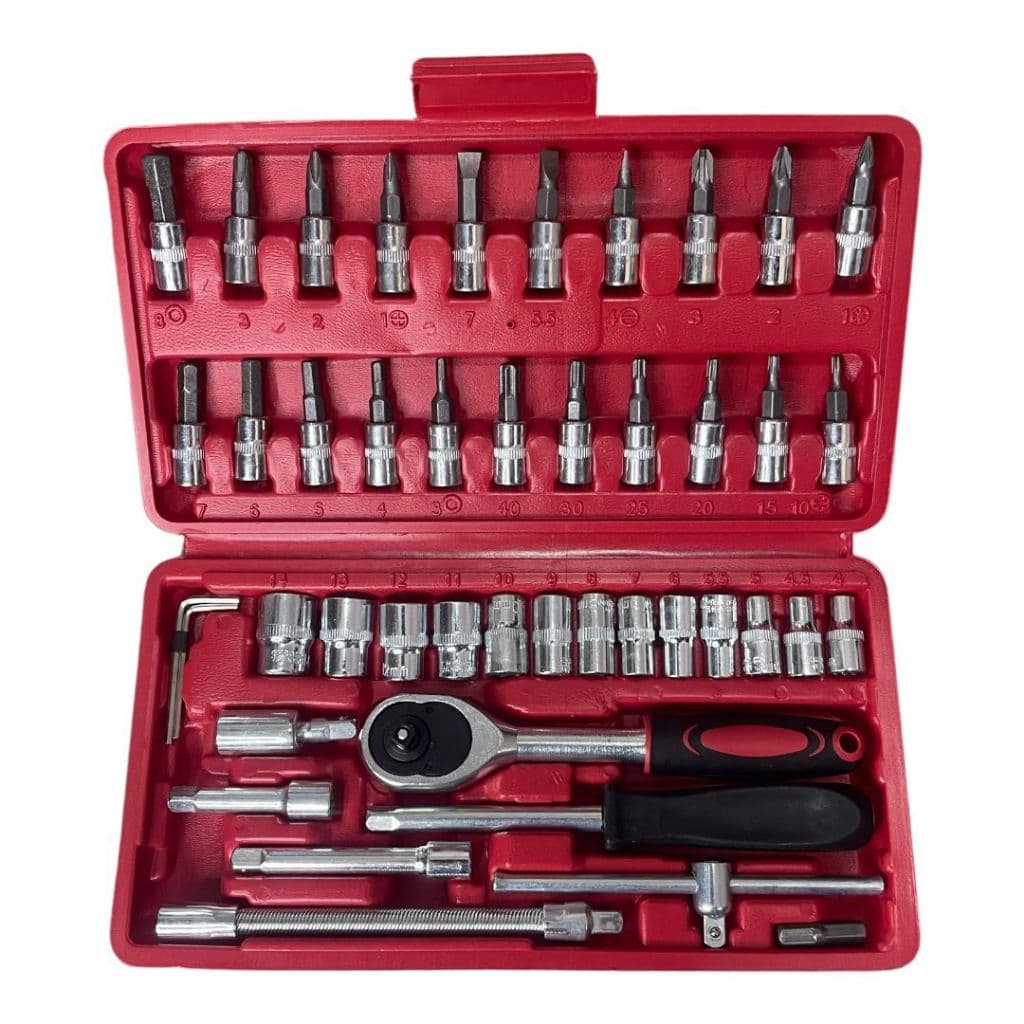 Kit Ferramentas 46 Peças Com Catraca Soquetes Bits Profissional Oficina Casa Carro Moto Reparos Completo