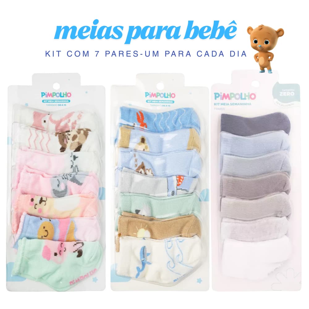 Kit Meia Semaninha Pimpolho 0 – 16 Bebe 7 Pares Lisa Estampada Algodão Menina Menino Unissex Infantil
