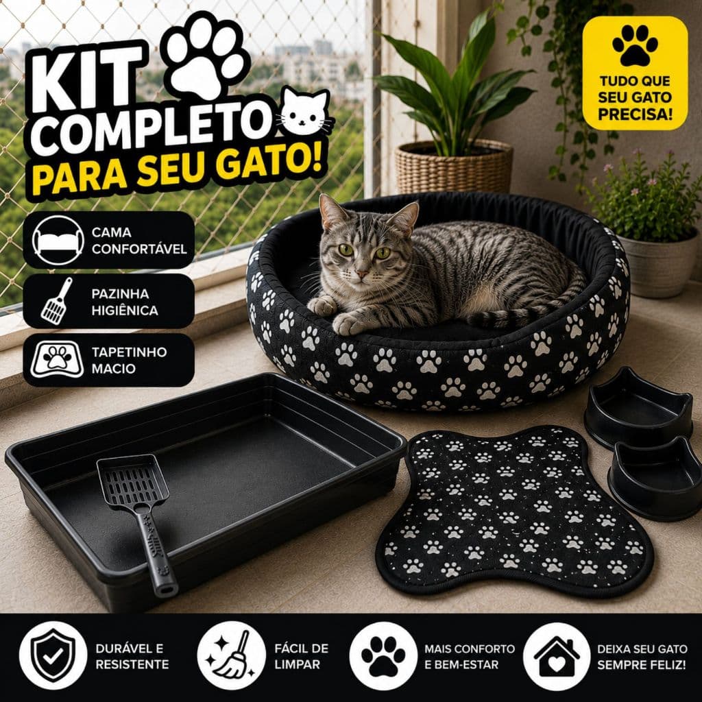 Caminha de Gato Caixa de Areia com Acessórios Bebedouro para Gato Coleira Gato