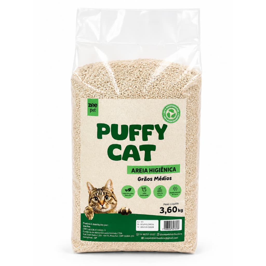 Areia Higiênica para Gatos Grãos Médios de Mandioca Puffy Cat