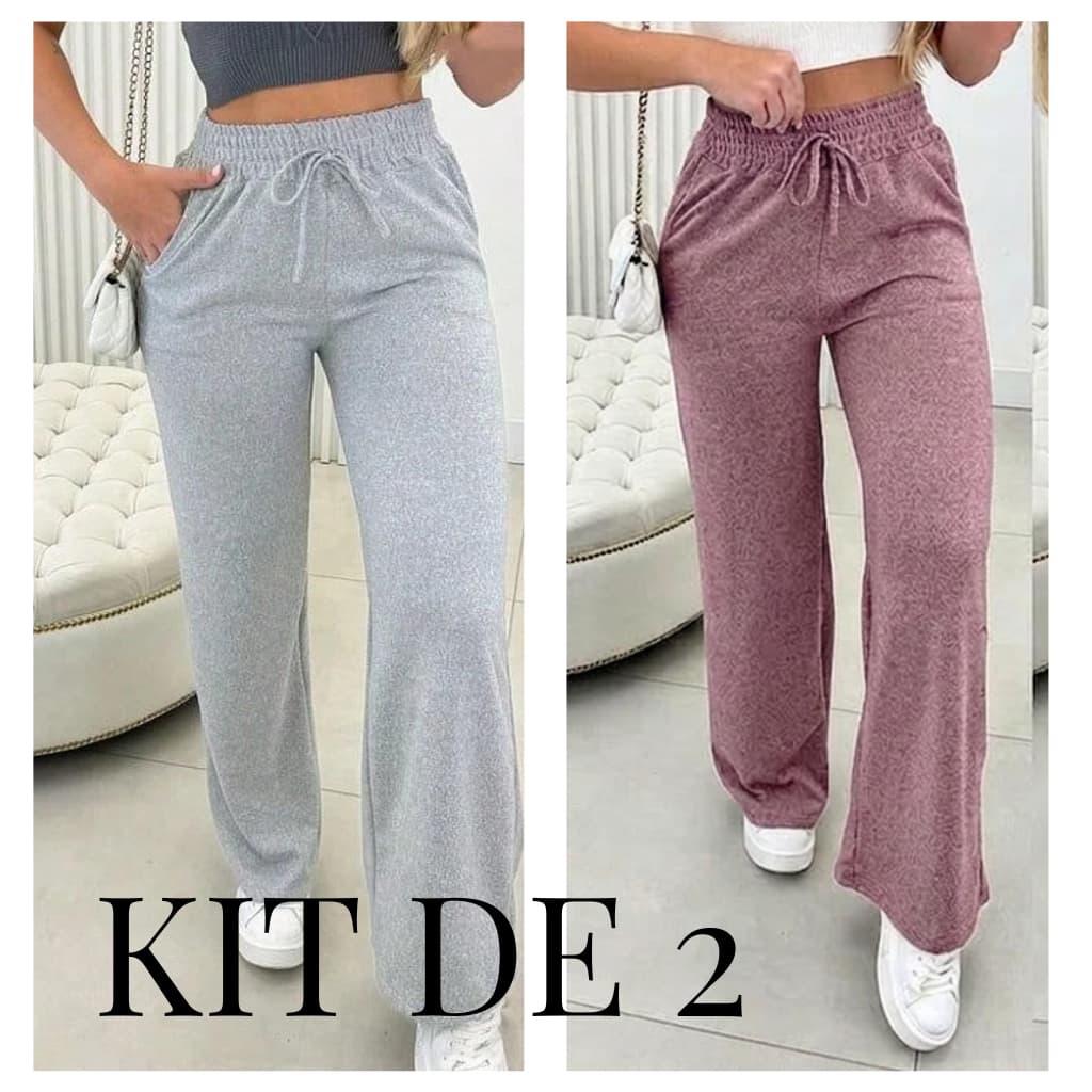 Calça pantalona de lanzinha feminina cintura alta com bolso pra inverno