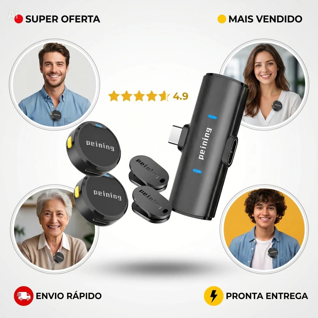Microfone De Lapela Tipo C Sem Fio Anti Ruído Redondo Com Imã Magnetico Peining Recarregável Wireless De Alta Capacidade