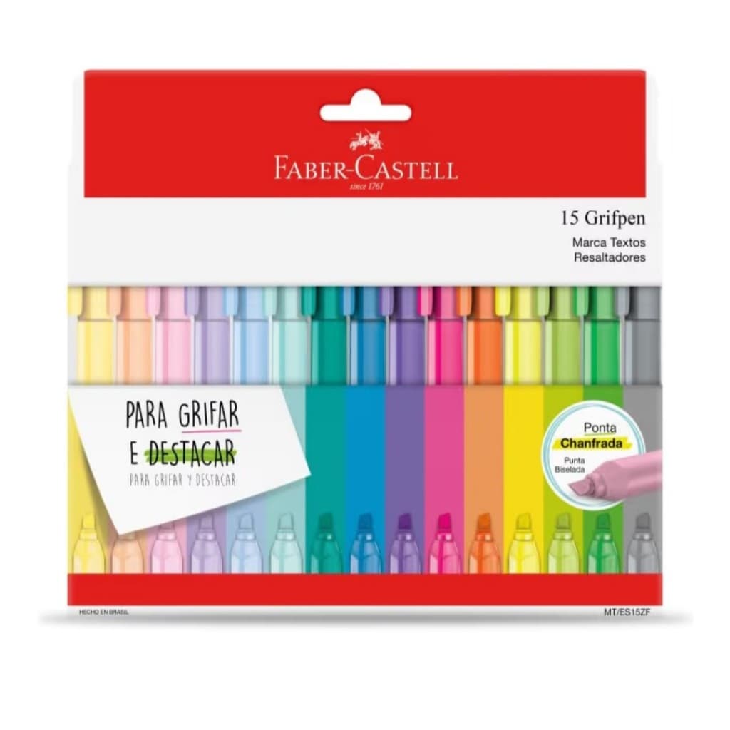 15 Canetas Marca Texto Faber-Castell Grifpen Multicor Original - MT/ES15ZF