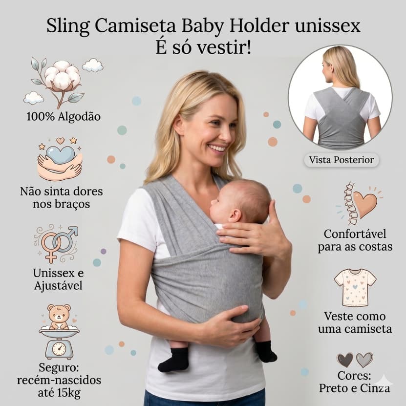 Sling Bebê Camiseta Pronto para usar Regulável Unissex É só vestir algodão
