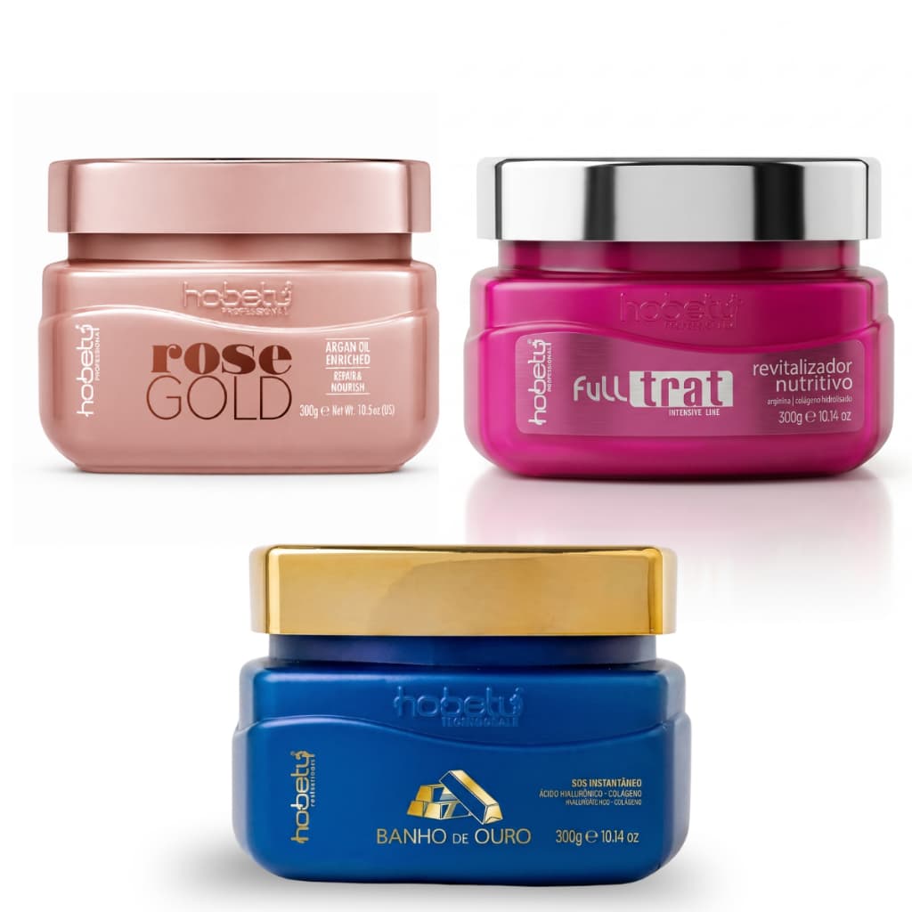 Combo Hobety 3 Máscaras: Cronograma Capilar Banho de Ouro, Rose Gold e Full Trat