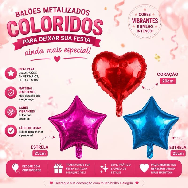 Balões Metalizados 20cm – Coração Estrelas