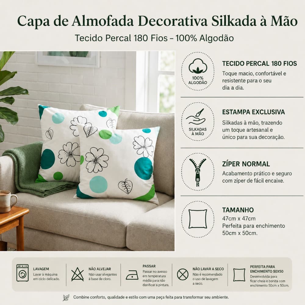 Kit 2 Capas de Almofada Decoração Percal Algodão 47x47 Artesanal Pintada a mão