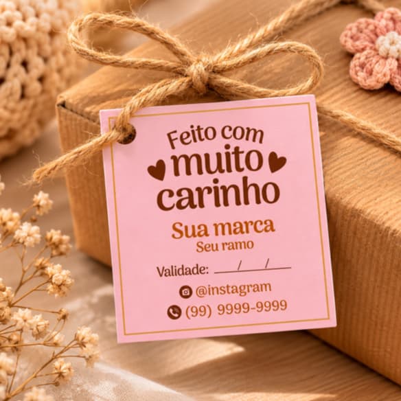 Tag Personalizada Feito com Carinho 5x5cm | Tag Produtos Artesanais, Doces e Confeitaria