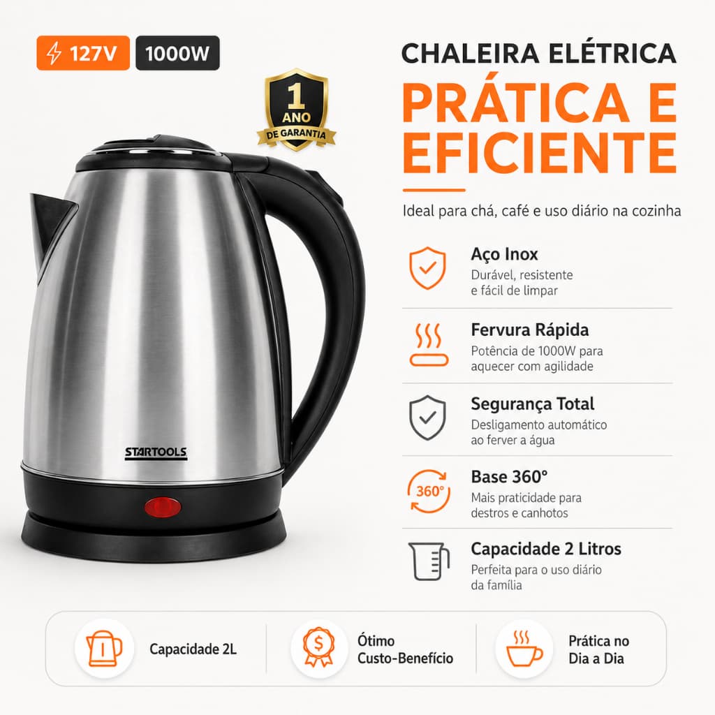 Chaleira Elétrica Inox 2l 127V Jarra Desliga Automático Chaleira Elétrica 2 Litros Inox