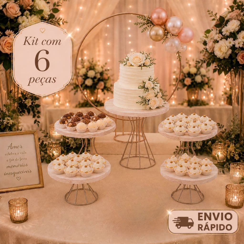 kit Decorativo Arco De Mesa Dourado + Boleira e Doceiras com total de 6 peças Decoração Festas Eventos