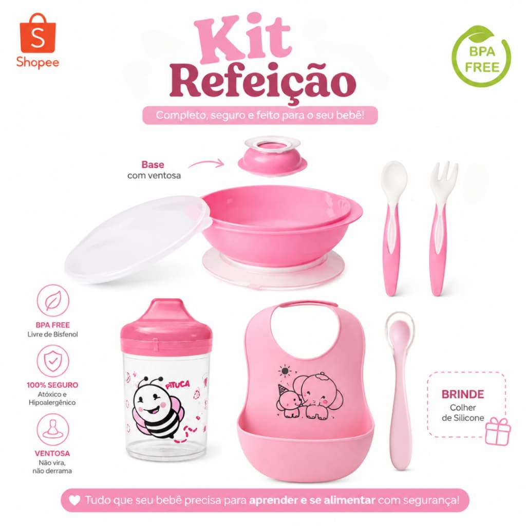 Kit 8pçs Talher de Silicone p/ Bebê c/ Prato, Ventosa, Colher, Garfo, e Babador Infantil