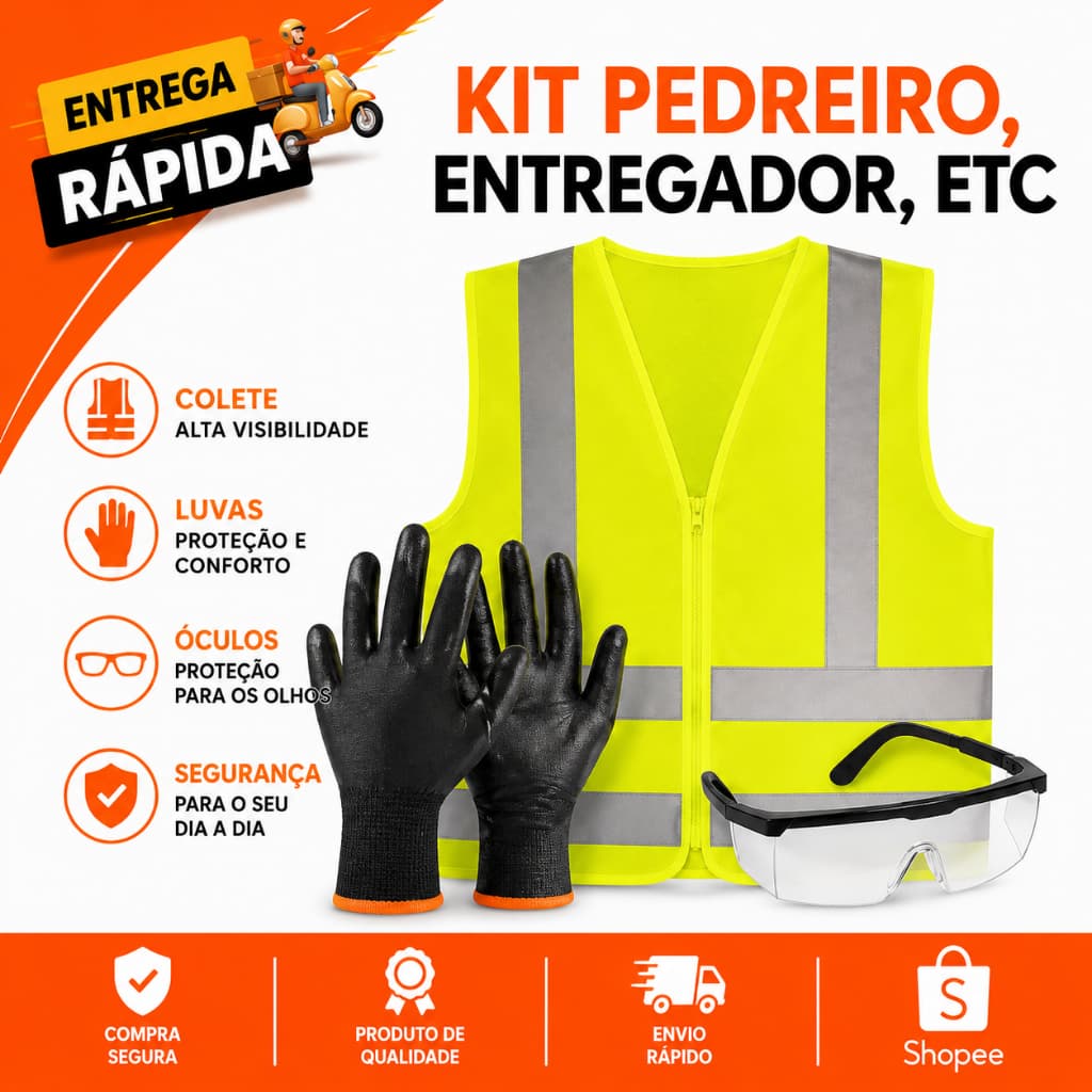 Kit Trabalho Colete Refletivo Capacete de Proteção Óculos de Segurança Luva Multitato PU Flextáctil