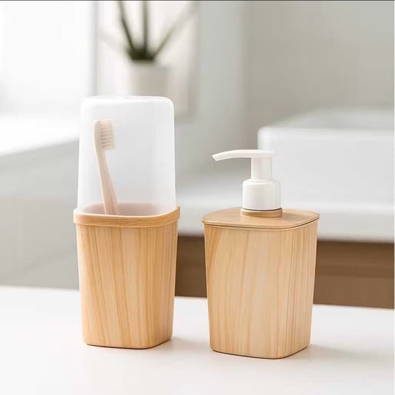 Kit Lavabo Higiene 2 Pecas Sabonete Liquido + Porta Escova Dente Com Tampa E Divisoria Modernos