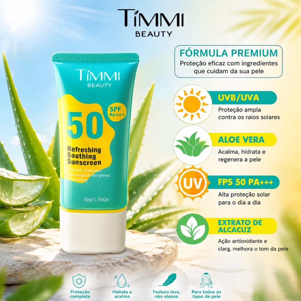 Protetor Solar FPS 50 TIMMI BEAUTY Toque Leve Não Oleoso com Aloe Vera e Ação Antimanchas