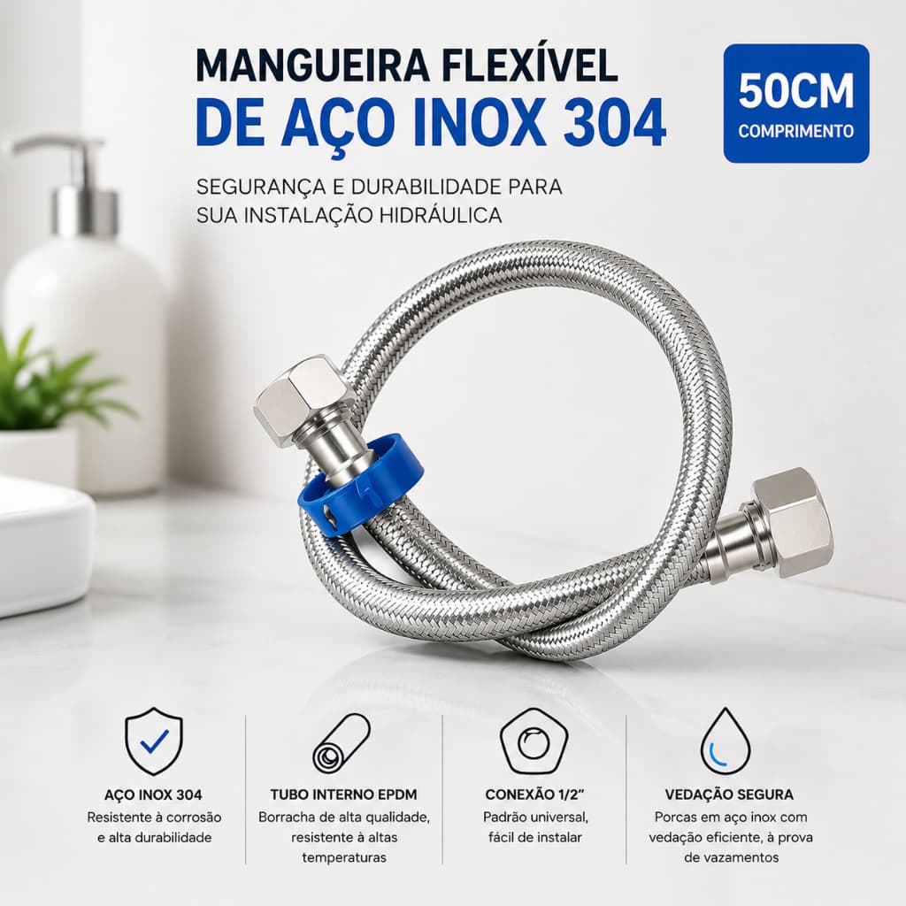 Engate Mangueira Flexível Alumínio Trançada Torneira Banheiro Cozinha Aquecedor 50cm 1/2 Essenza