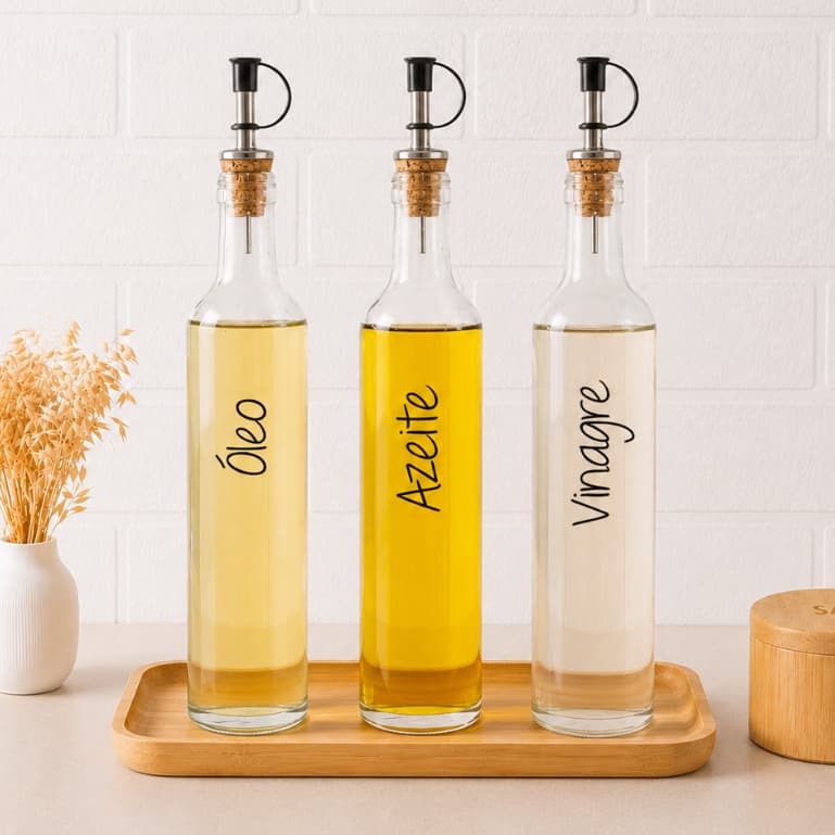 Kit 3 Galheteiros de Vidro 500ml | Bico Dosador Cortiça | Vinagre | Azeite | Óleo