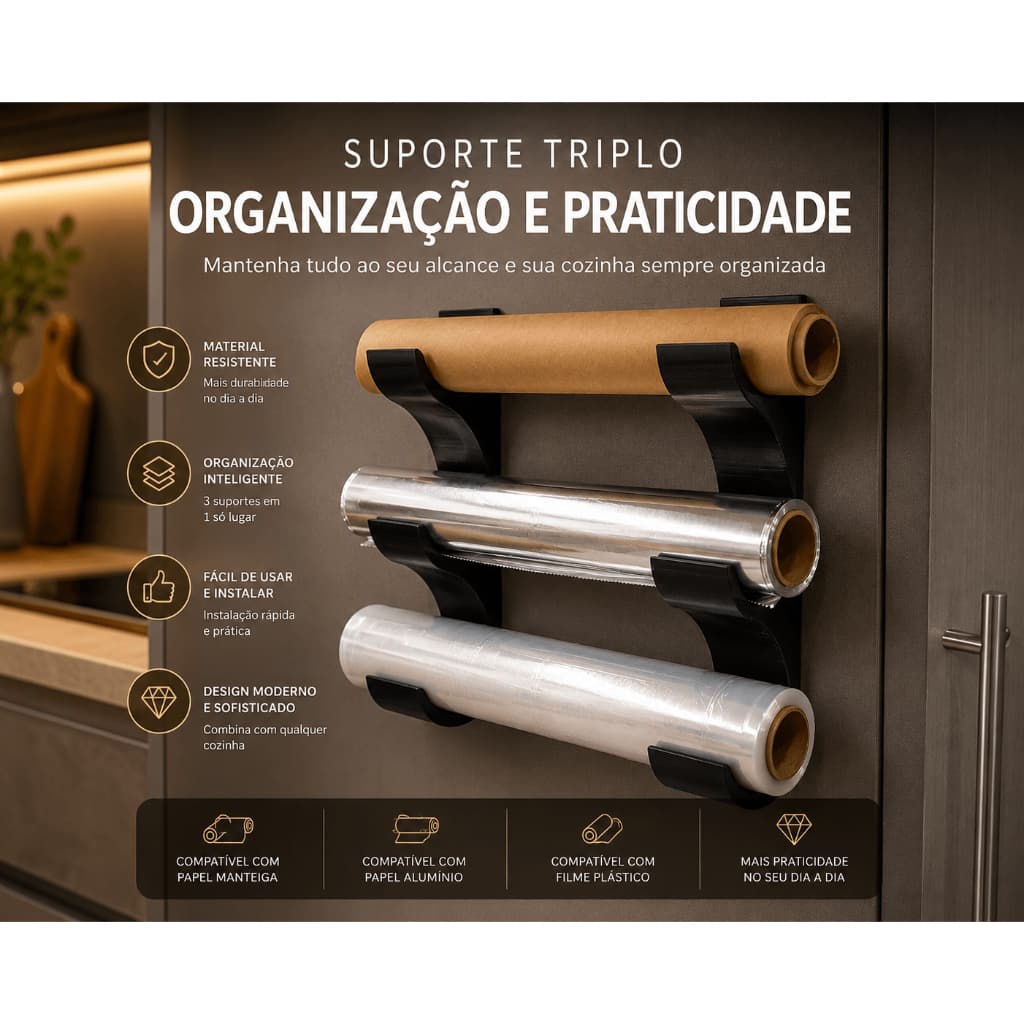 Suporte Triplo Organizador Cozinha Gourmet Papel Alumínio Filme PVC Luxo Premium Preto