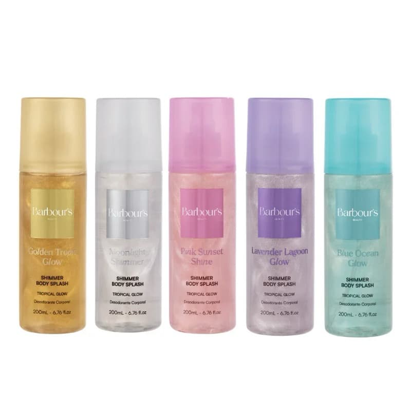 Body Splash Shimmer - Pink Sunset Shine, Blue Ocean Glow, Lavender Lagoon Glow, Moonlight Shimmer e Golden Tropic Glow