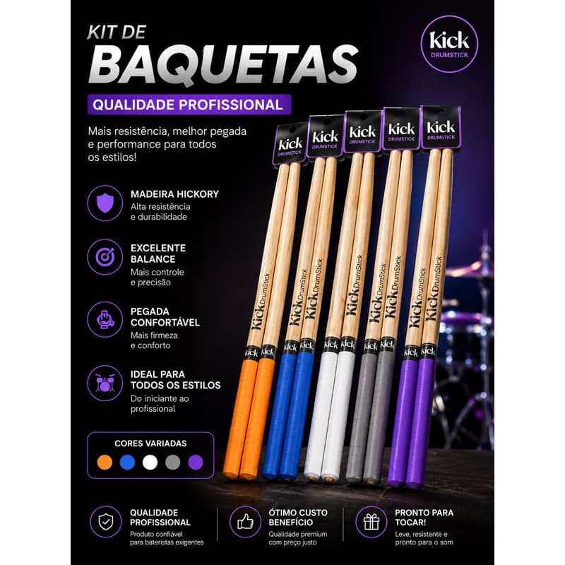 Kit 4 Pares de Baquetas com Grip Colorido Kick