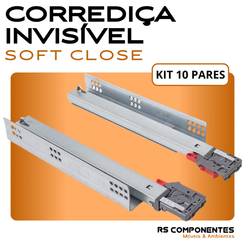 Kit 10 Pares Corrediça Invisível 50cm Soft Close 30kg