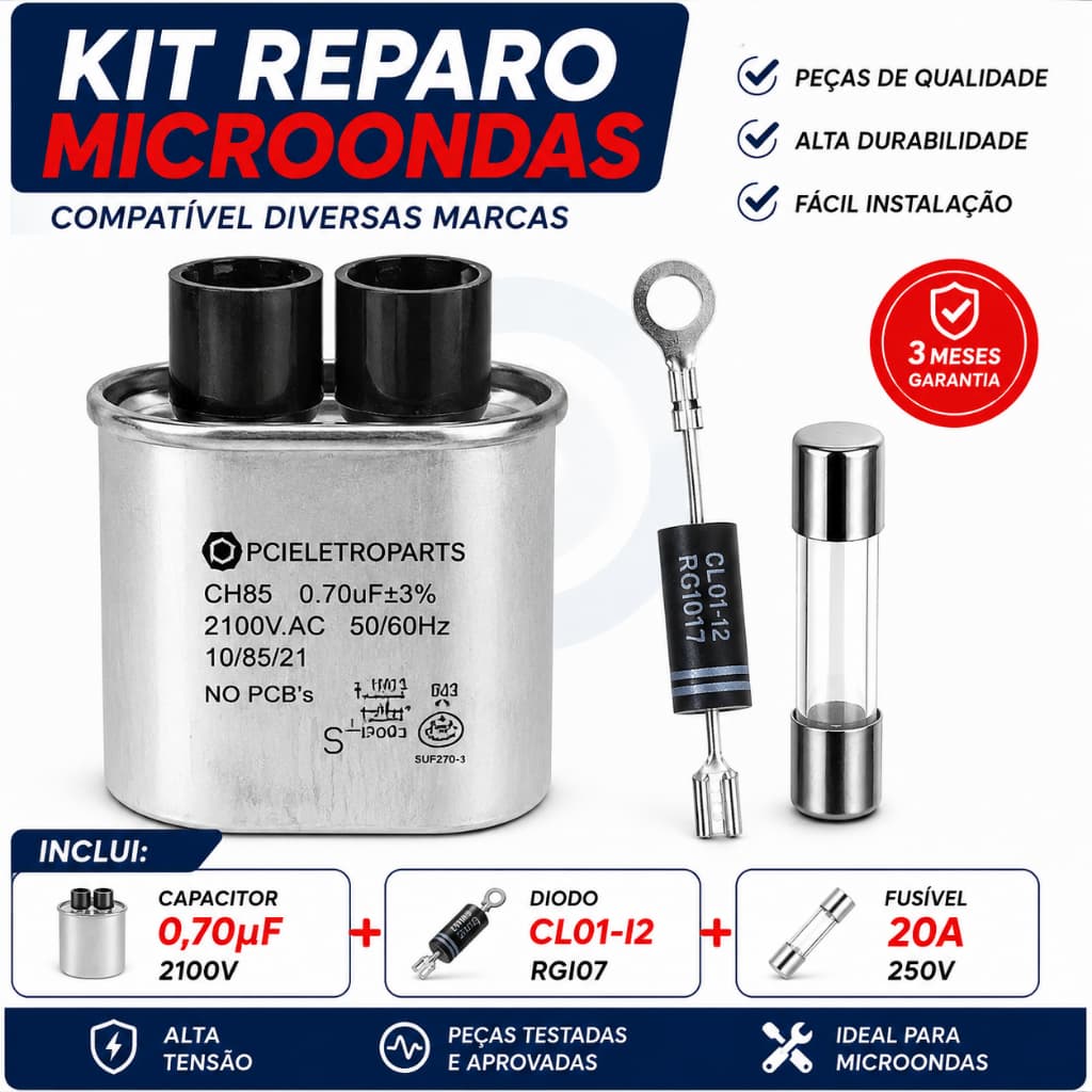 Kit Reparo Microondas Capacitor 0,70uf + Diodo CL01-l2 + Fusivel 20A 250v