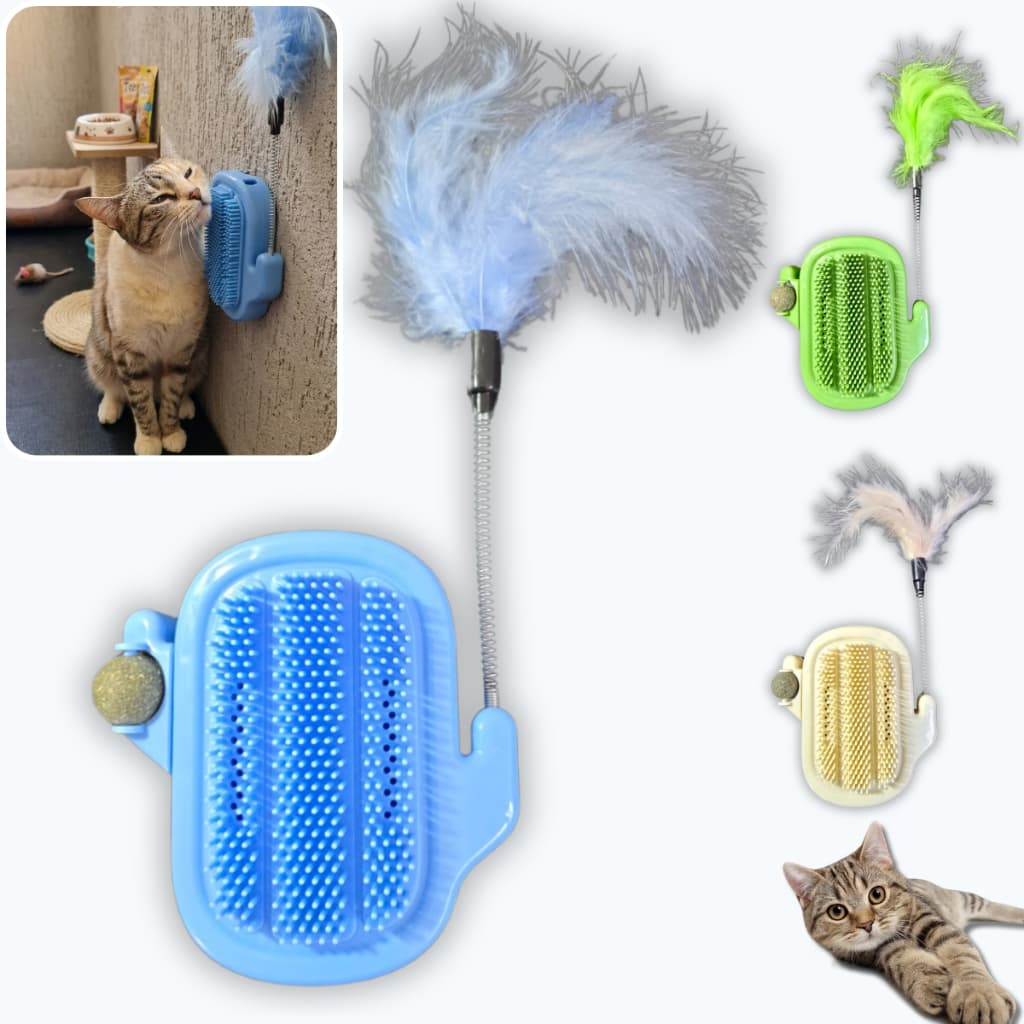 Brinquedo Para Gato 3em1 Coçador Escova Massageador Bolinha Catnip Varinha Peninha