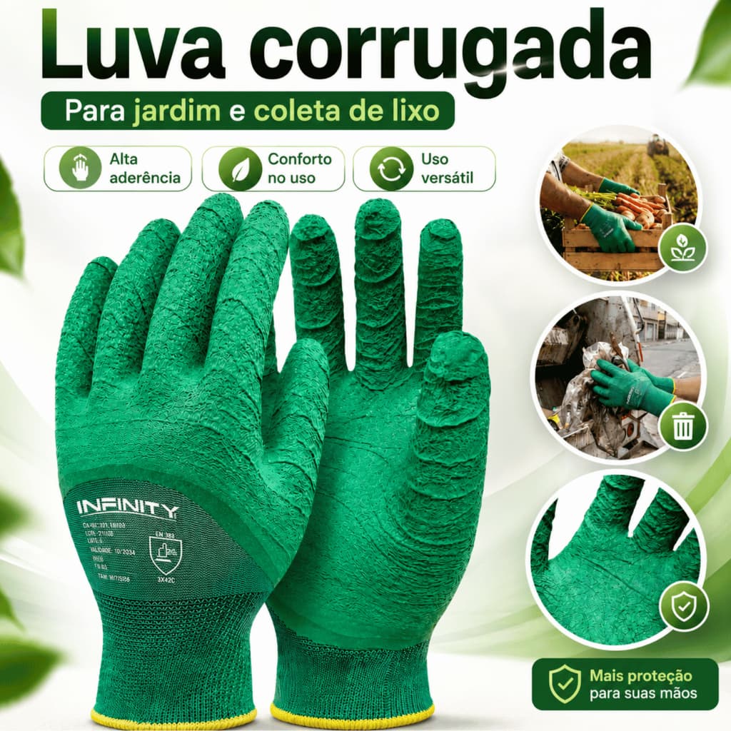 Luva Látex Corrugado Verde Coleta Jardinagem Epi Coleta De Lixo