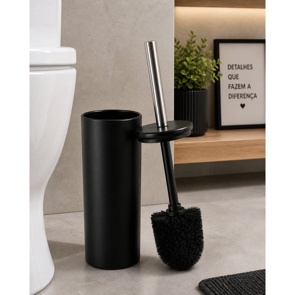 Escova Sanitária Limpeza Vaso Sanitário Banheiro Matte Com Cabo Suporte Inox Preto