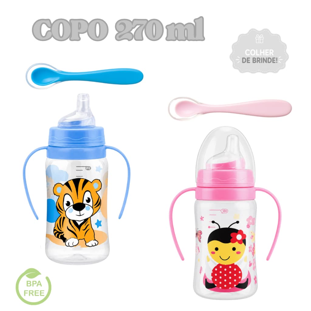 Copo Premium Para Bebê 270ml com Alça + Colher de Silicone