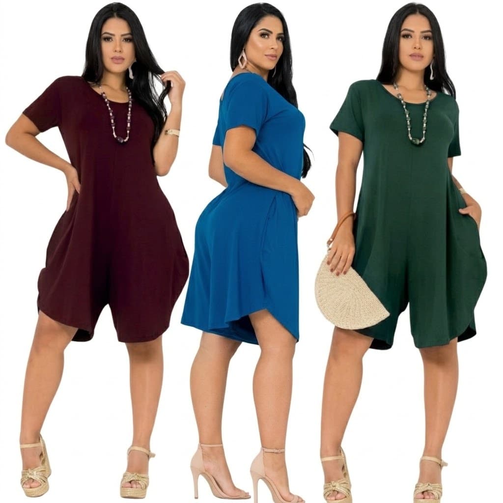 Macacão Aladim curto moda feminina plus size soltinho casual confortável bolso lateral elegante curto dia a dia