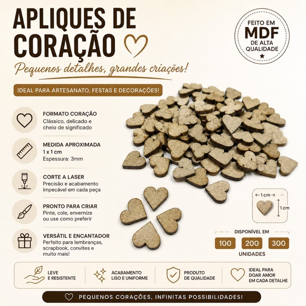 Kit Aplique Mini Corações 100/200/300 Peças MDF Cru 1x1cm Para Festas Lembrancinhas, Artesanato Decoração