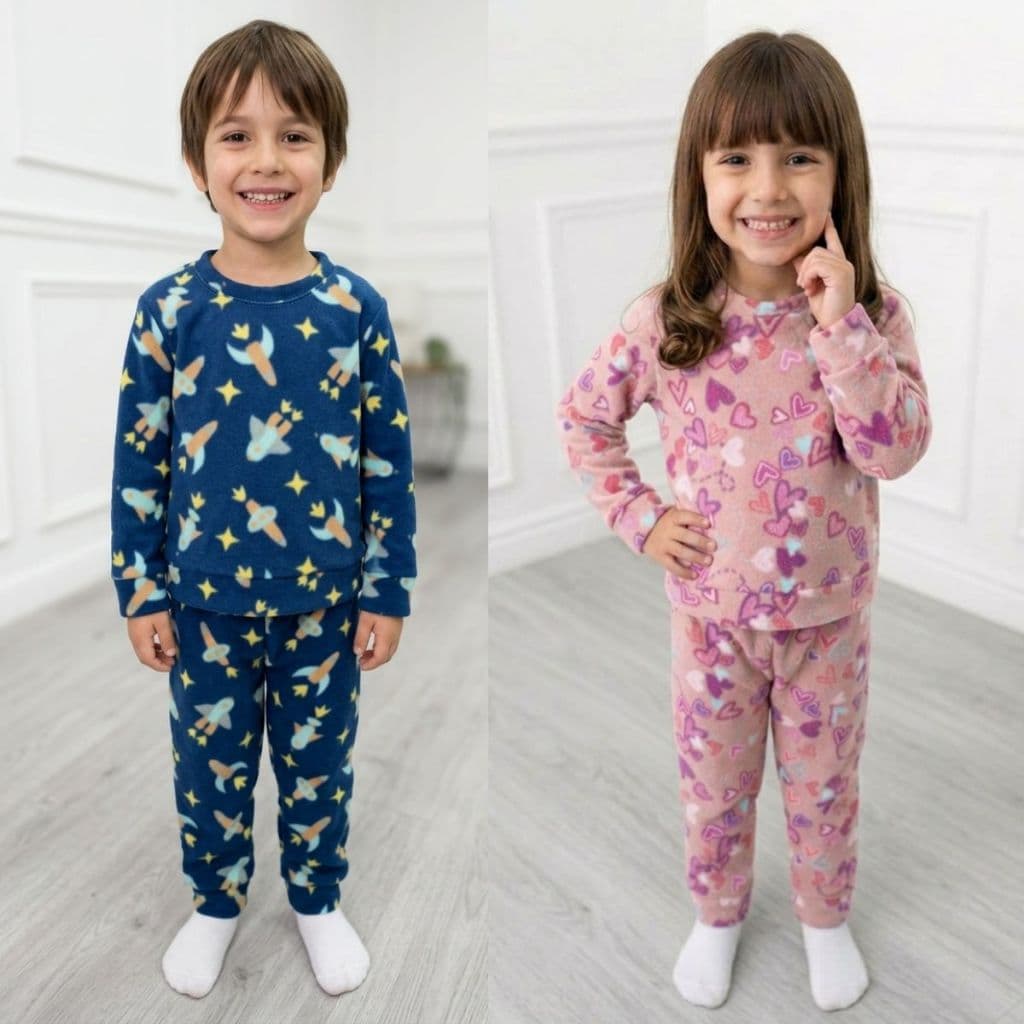 Kit 2 Pijamas Infantil Soft Inverno Quentinho Calça E Manga Longa Tam 1 ao 10 Menina e Menino