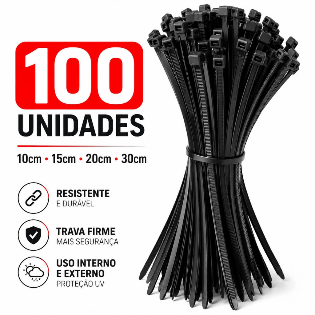 Kit 100 Abraçadeira de Nylon Cinta Plástica Enforca Gato Branco Preto 10cm-40cm