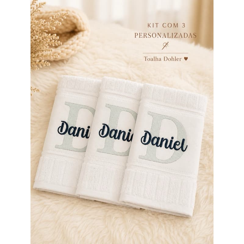 Kit 3 Toalhas Boca Personalizada Com Nome Bebê Dohler Bordada