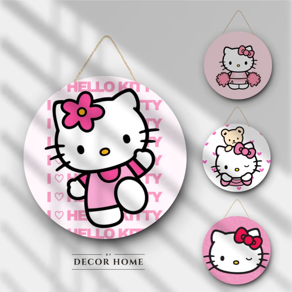 Quadro Redondo Decorativo de Pendurar Hello Kitty Decoração de Casa Sala Quarto Cozinha MDF