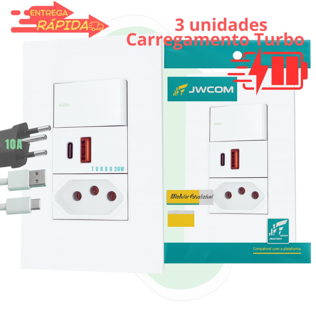 Tomada 10a Com Interruptor simples e Carregador Usb 20w Turbo com 1, 2 ou 3