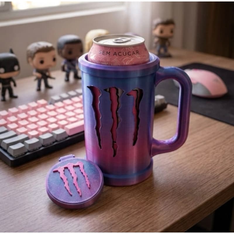 Caneca Mug monster, suporte Porta Lata Monster Energético 473ml+tampa de proteção