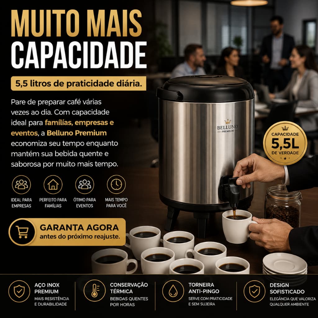 Botijão Térmico Inox 5,5L Belluno Premium Café Água Quente Fria Conservação Térmica Profissional