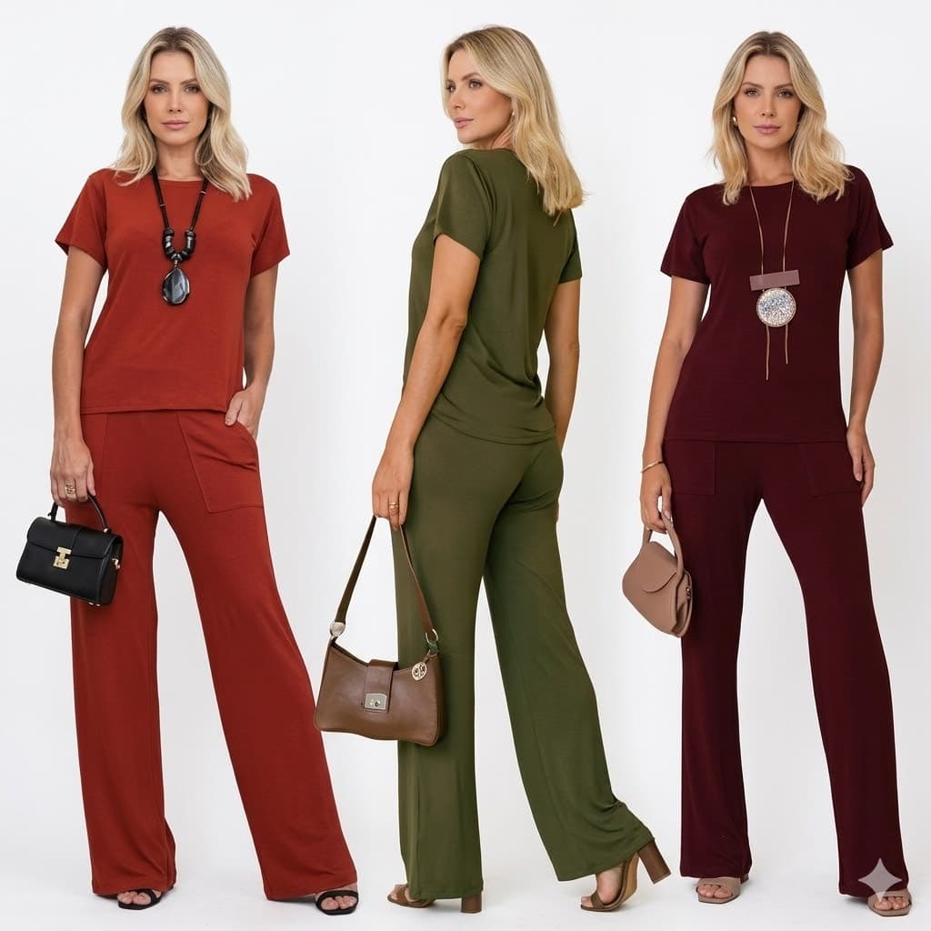 Conjunto moda  feminina calça pantalona com bolso elegante confortável leve moderno cintura alta dia  dia blusa de manga