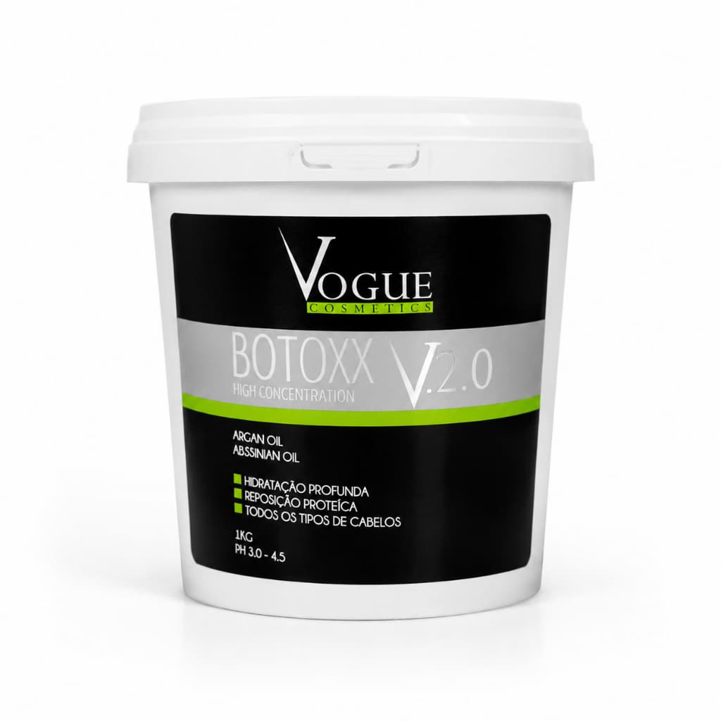 Botox V2.0 Vogue Cosmetics 1kg Hidratação Profunda Reconstrução Capilar Argan Abissínia Brilho espelhado