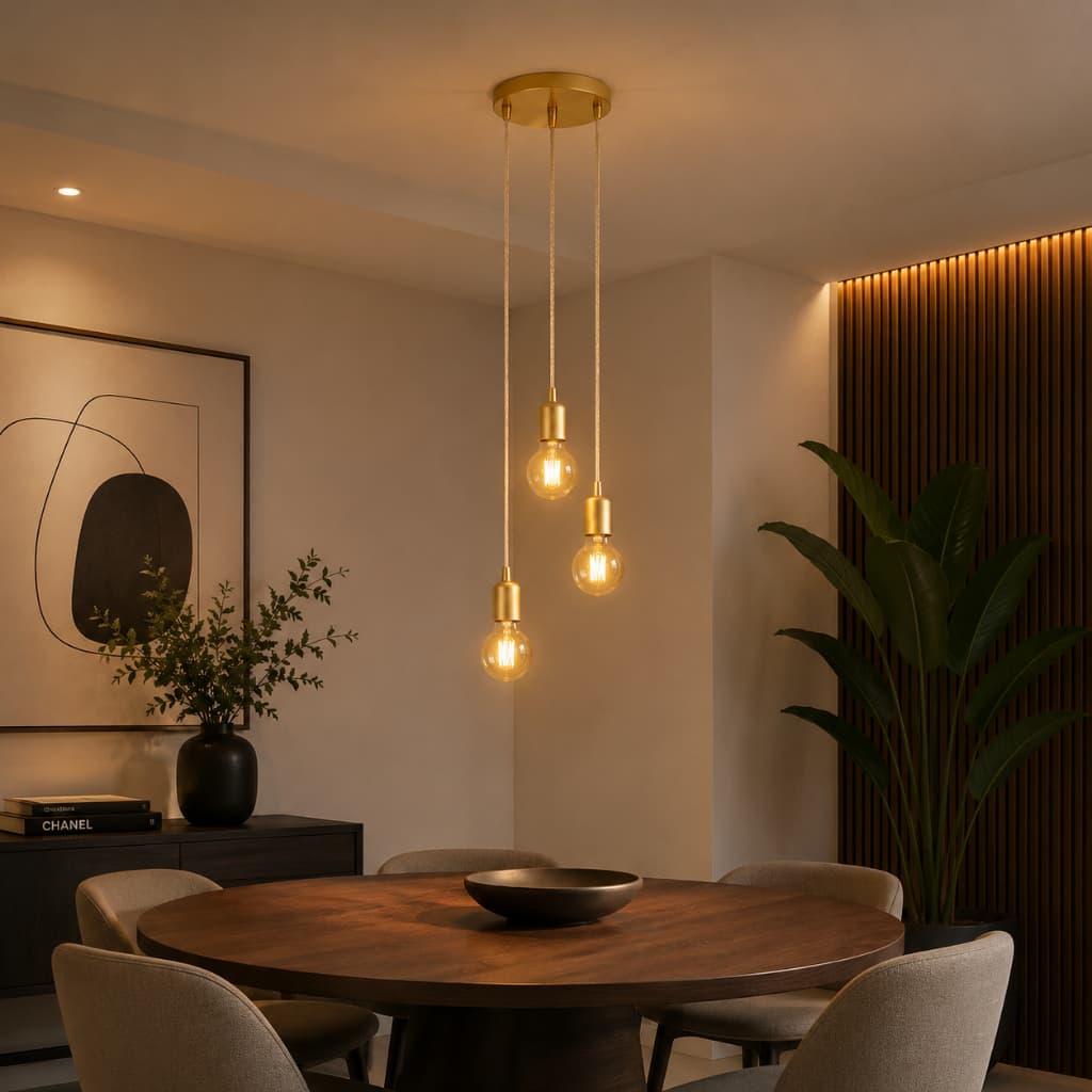 Luminária de Teto Lustre para Sala Pendente Fio Cabo Vintage Retrô Industrial Base Tripla E-27