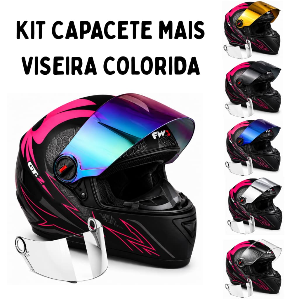 Capacete Moto Feminino Fw3 GT2 Rosa Mais Viseira Colorida