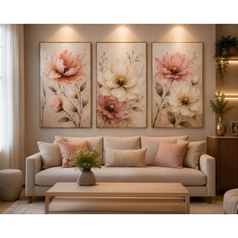 Kit quadro decorativo 3 peças flores coloridas primavera para sala quarto escritório