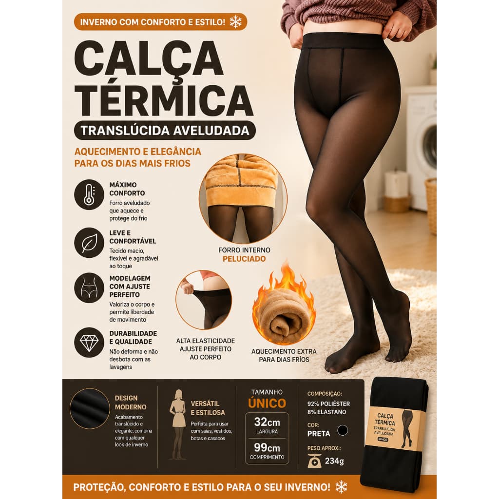 🔥 Calça Térmica Translúcida Feminina Peluciada Meia Calça Fake