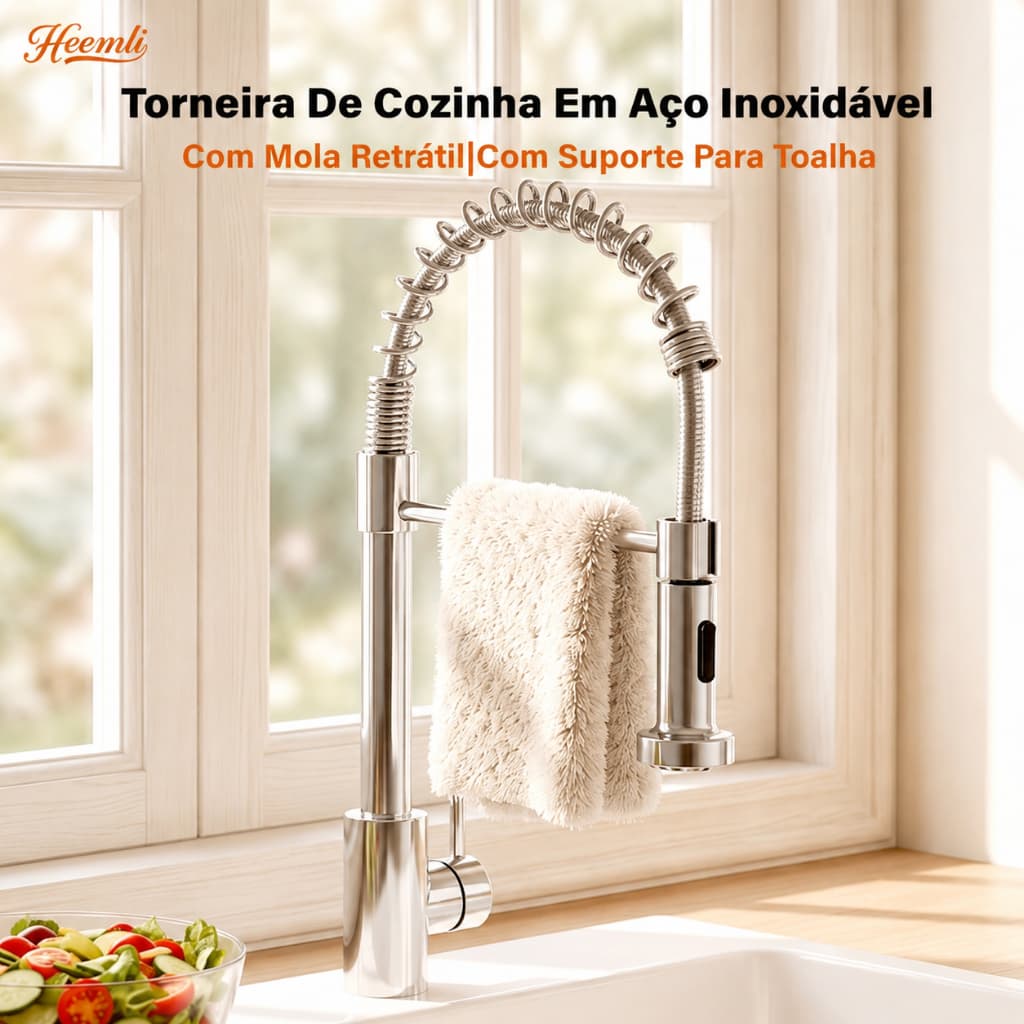 Heemli Torneira de Cozinha Gourmet em Aço Inoxidável com Mola Retrátil e Suporte para Toalha