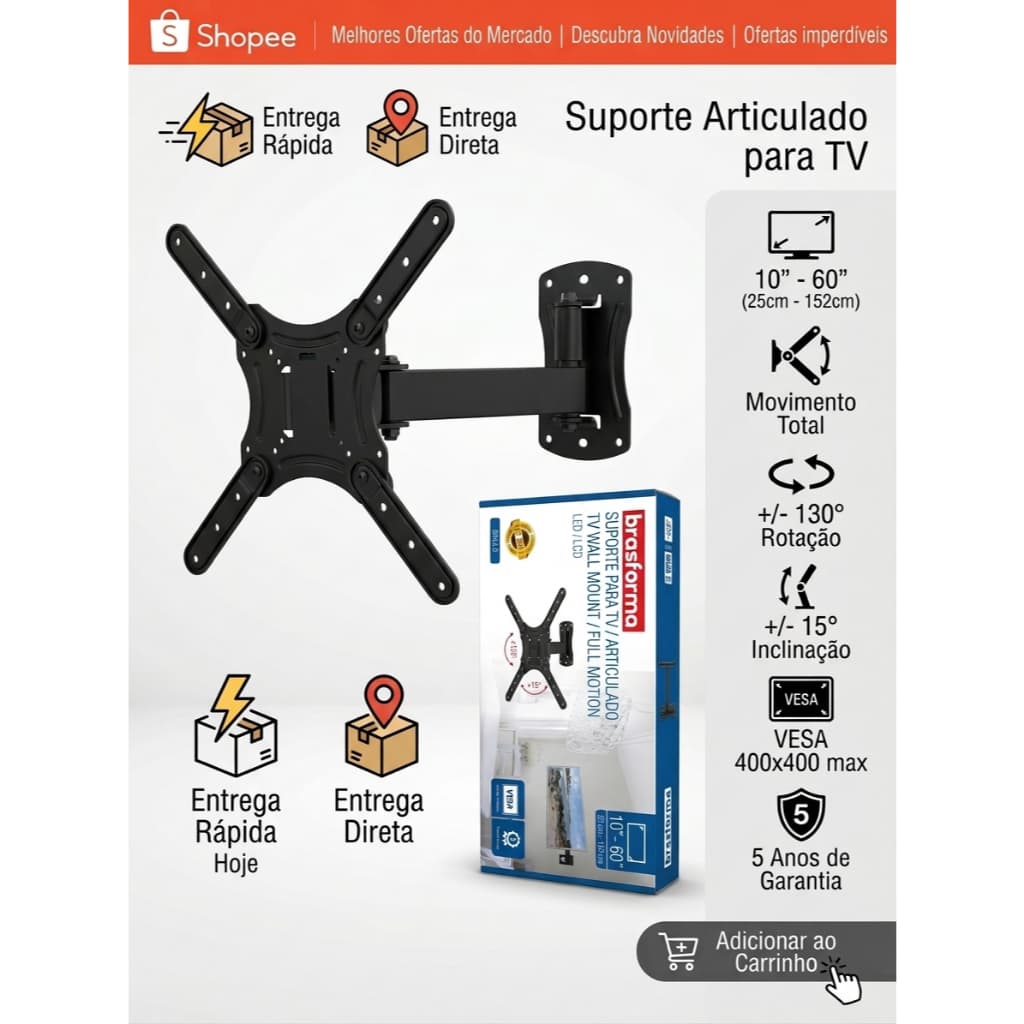 Suporte ARTICULADO para TV LED, LCD, Plasma, 3D e Smart TV de 10” a 60” – Brasforma BRA4.0 – Vem Montado