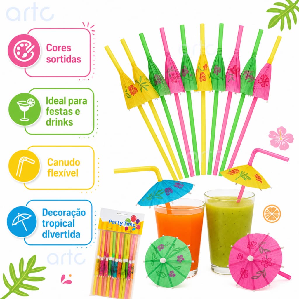 Kit 40/120 Unidades - Canudo Guarda Chuva Descartável Para Drink Festa Coquetel Decorativo