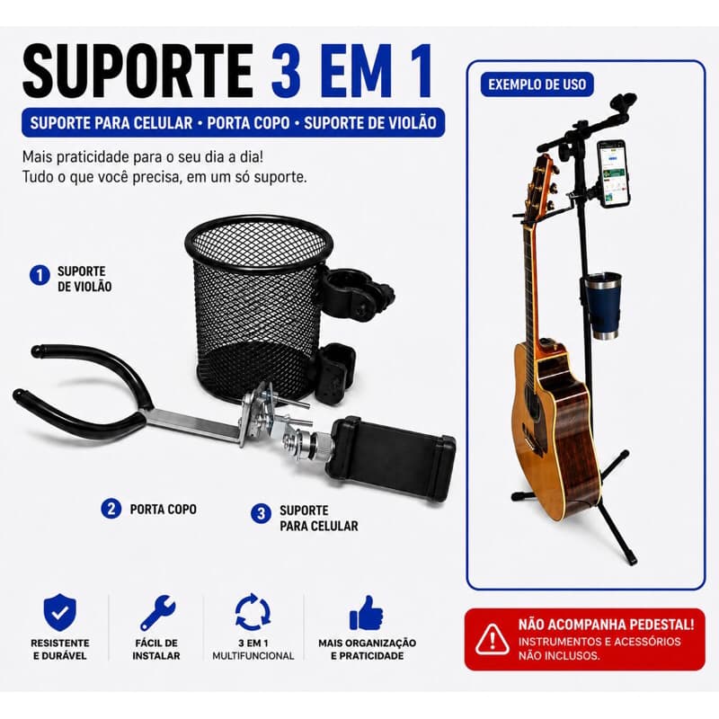 Kit Suportes para Violão , Cavaco, Banjo, Ukulele, Celular e Porta Bebidas P/ conectar no seu Pedestal de Microfone