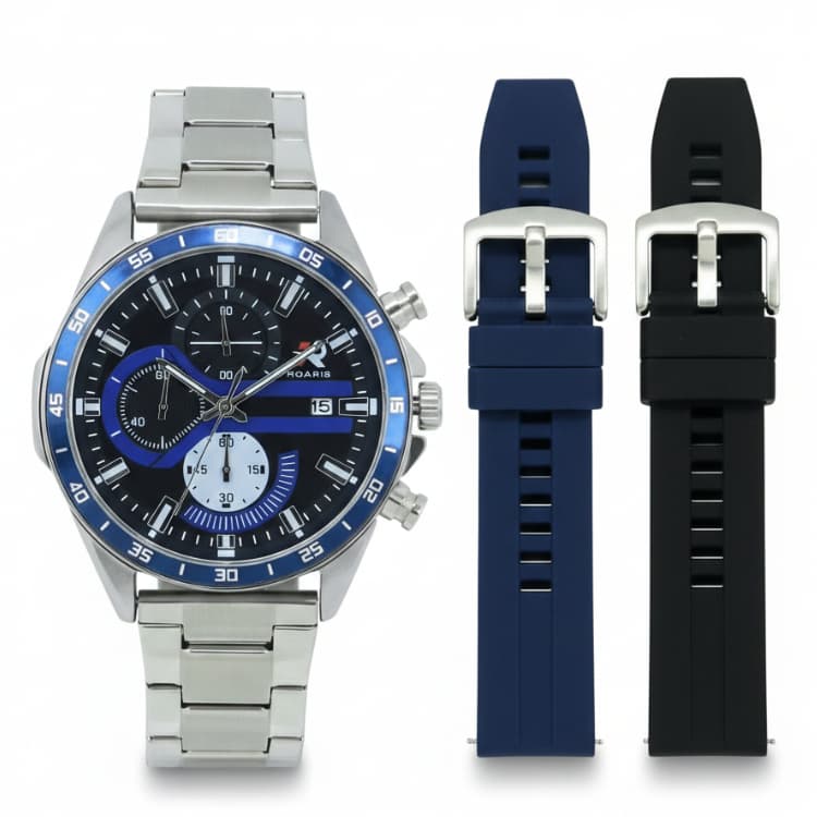 Relógio Cronógrafo Masculino Roaris Analógico RR00007 Prata e Preto e Azul